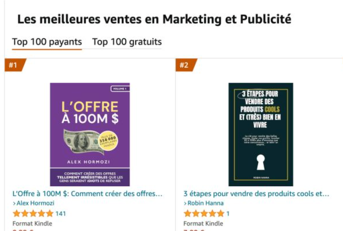 Classement Amazon : n°1 Alex Hormozi, n°2 Robin Hanna